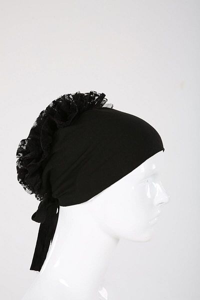 BENLİ Black Combed Cotton Women's Knob Bonnet - Ruffle Design