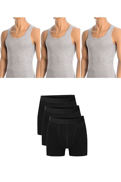 Belifanti Collection Men's Cotton 3-Piece Gray Tank Top and 3-Piece Black Boxer 6-Piece Set