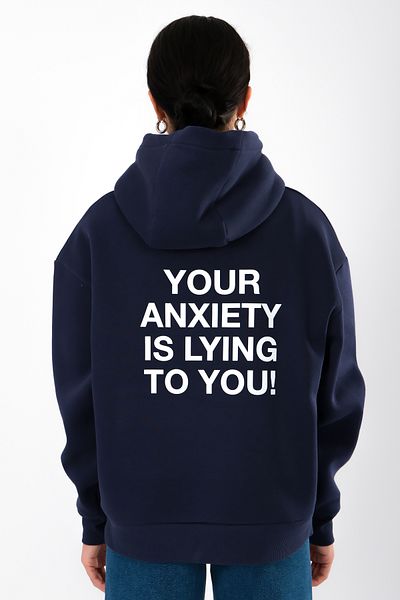 Coredra Women's Anxiety Edited Hoodie - Navy Blue Relaxed Fit