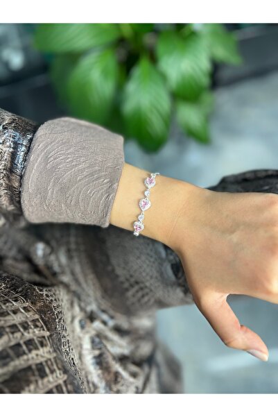 925Silver 955ayar gümüş pembe kalpli bileklik