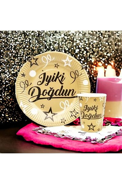 TURKUAZ PARTY 8-Piece Cardboard Plate - Happy Birthday Gold Black - 23 cm