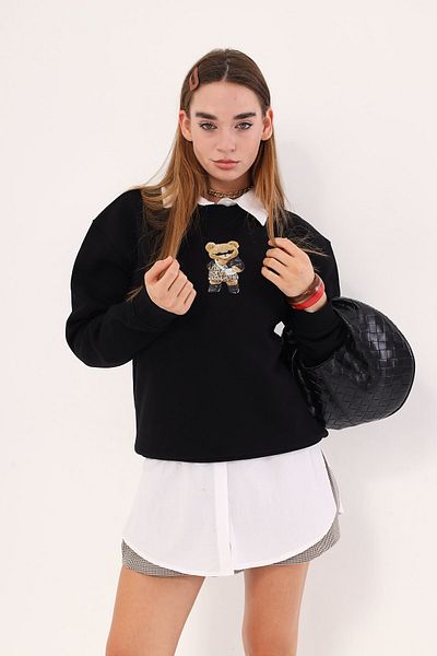 The Champ Clothing Черен унисекс суитшърт с плюшено мече и леопардов принт с кръгло деколте