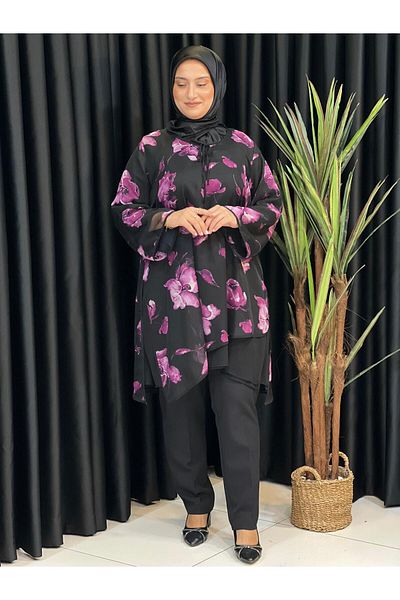 Butik büyük beden Patterned Chiffon Lined Tunic