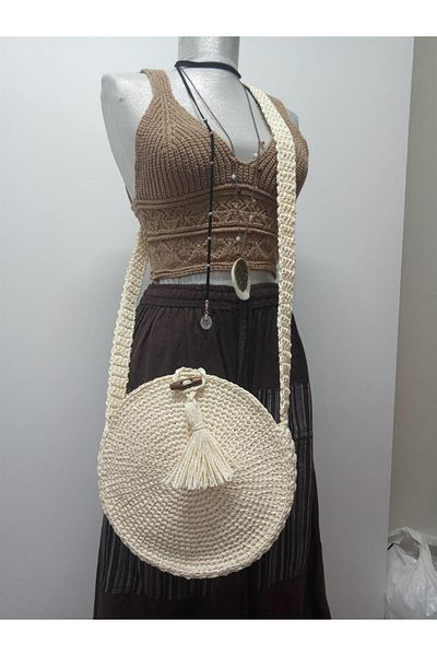 Bohem Stil Geantă de umăr cu mâner lung, căptușită, cu mâner lung, cu design special, bej macrame