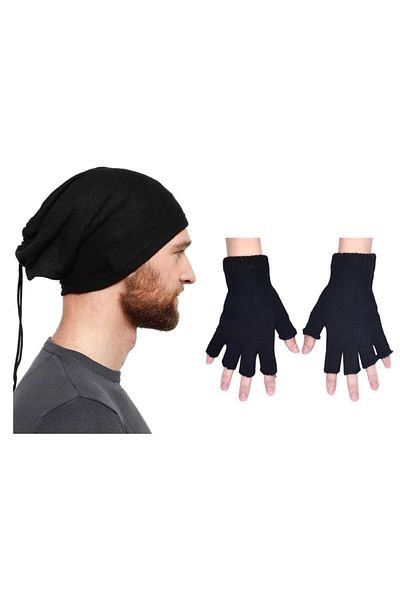 Belifanti Collection Unisex Μαύρα κομμένα γάντια Fleece Beanie γιακάς λαιμού