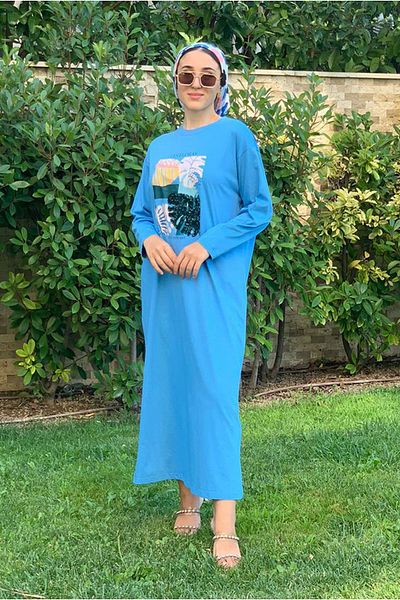 Moda Rosa 23Y3539 - Blue Sequin Embroidered T-Shirt Dress