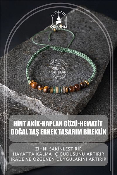 OSMANLI DOĞAL TAŞ Indian Agate-Tiger Eye-Hematite Natural Stone Men's Design Bracelet