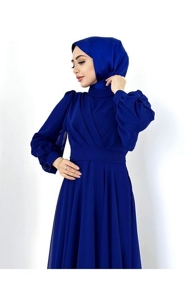 MERVEPLUME Double Breasted Collar and Chiffon Fabric Hijab Evening Dress - Flared Fit, Fashionable Wedding Chic