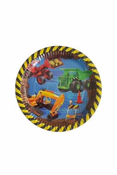 TURKUAZ PARTY Cardboard Plate 8 Pieces - Construction Cars - 23 Cm