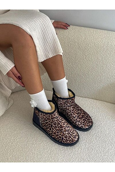 ERVANIN BUTİĞİ Siyah Leoparlı Kar Botu (Mini) Kadın Bot