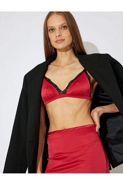 Koton Zeynep Cushion Satin Bra - Lace Detail, No Underwire and Padding