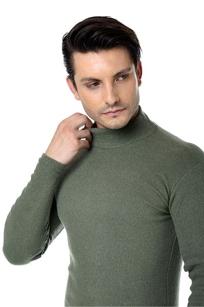 Belifanti Collection Men's Khaki Green Half Turtleneck Slim Fit Sweater