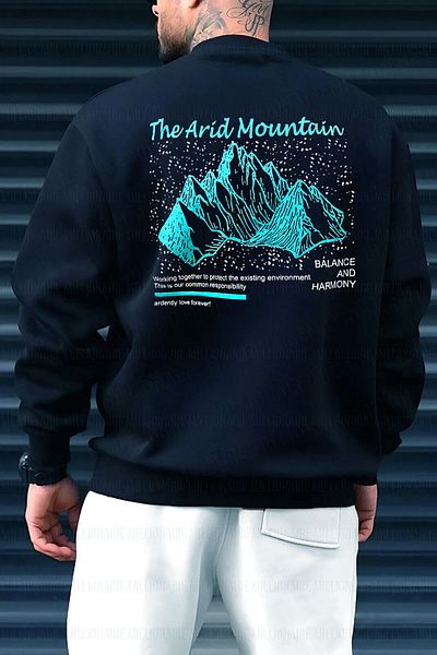 Millionaire Мъжки суитшърт от полар в тъмносин цвят с щампа Arid Mountain - кръгло деколте, голям размер, ежедневна кройка