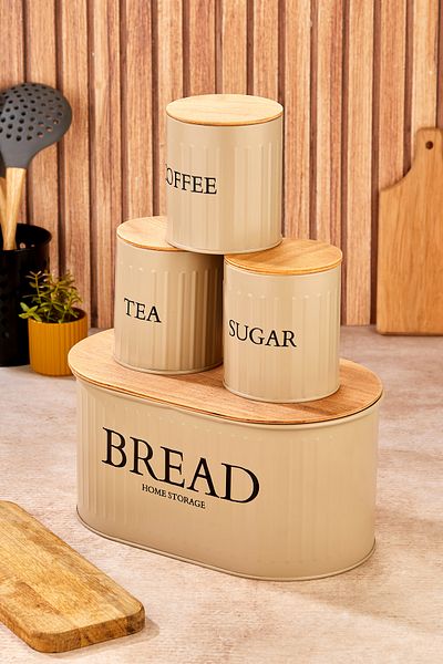 hemlife Metal Bread Bowl with Wooden Lid, Tea, Coffee, Sugar Set of 4 Brown