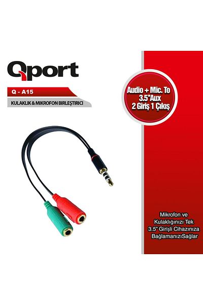Qport Q-A15 Audio Mic=> 3.5mm 15cm Headphone Translation