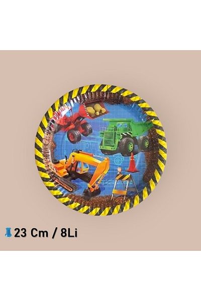 TURKUAZ PARTY Cardboard Plate 8 Pieces - Construction Cars - 23 Cm
