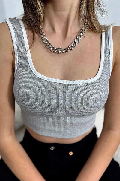 Belifanti Collection Women's Gray Side Striped Square Collar Ball Crop Bustier
