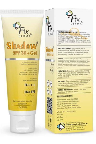 FixDerma Shadow Sunscreen SPF 30+ Gel PA+++ | Broad Spectrum Sunscreen for UV-A & B Protection 75gm