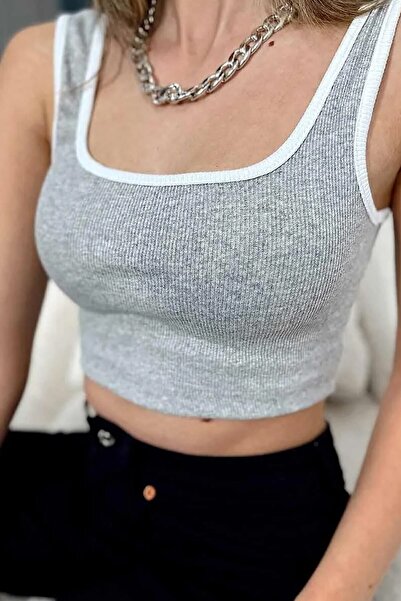 Belifanti Collection Жіночий сірий топ з смугастим коміром і квадратним вирізом