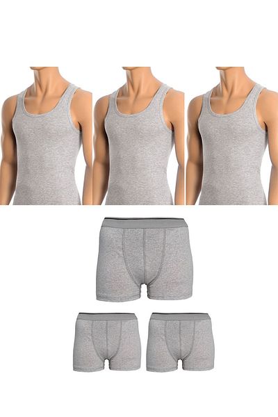 Belifanti Collection Men's Cotton 3-Piece Gray Tank Top and 3-Piece Gray Boxer 6-Piece Set