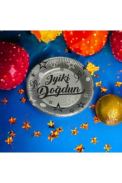 TURKUAZ PARTY Cardboard Plate - Happy Birthday Silver - 23 Cm - 8 Pieces