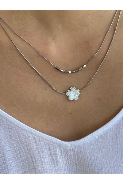 Lucios Stainless Steel Cube - Dorica Detailed Flower Necklace (Inner Necklace 47 Cm, Outer Necklace 50 Cm, Extension Share Included)