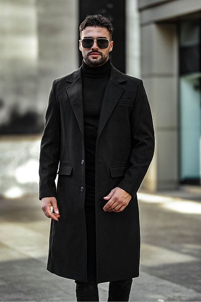 gm giyimarket Pánský kabát Slim Fit dlouhý vlněný Stamp