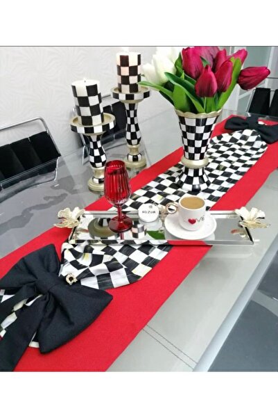 Dekorluk Concept Duck Keten Kumaşa Damalı Fiyonklu Runner Ve 4 Adet Damalı Su...