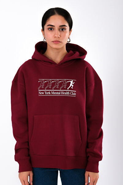 Coredra New York Mental Health Club Hoodie opuštenog kroja za žene - bordo