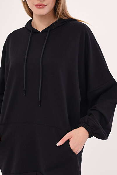 armonika Women's Black Hooded Sweatshirt with Pocket Arm-21K024027