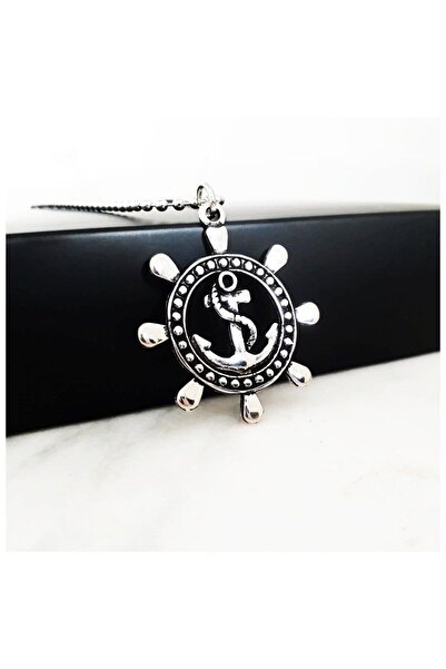 Bijustore Gümüş Renk Gemi Dümeni Erkek Çapa Kolye