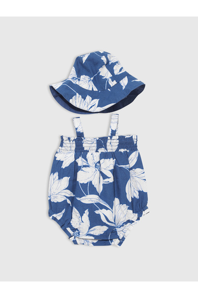 GAP Bebek Mavi Çiçek Desenli Şapkalı Outfit Set