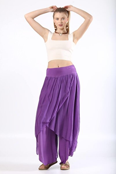 Bohem Stil Pantaloni Shalwar de mătase cu acoperire asimetrică pentru femei