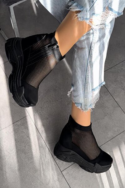 Modanizm Esha Black Mesh Wedge Heeled Sports Boots