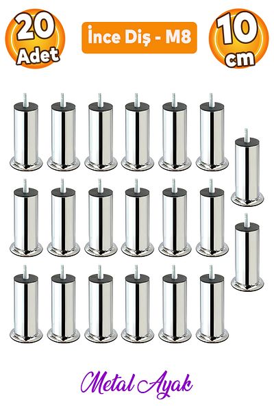 Badem10 Metal Chrome (10 cm) Plinth Armchair Sofa Furniture Bed Sofa Bed Leg Fine Thread M8 Metric Feet 20 Pcs