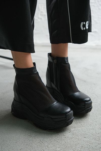 Modanizm Esha Black Mesh Platform Heeled Leather Sports Boots
