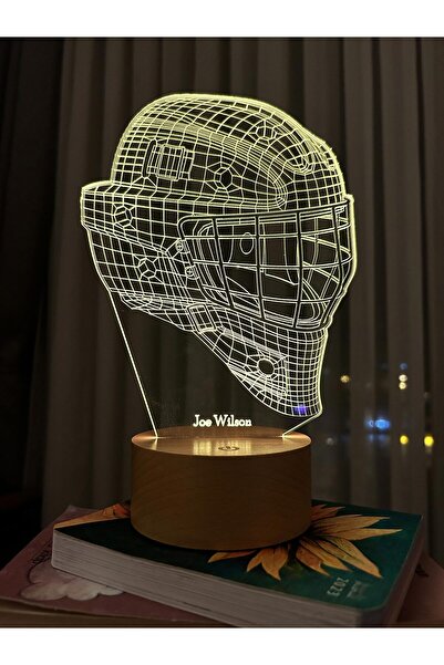 BY-LAMP Buz Hokeyi Kaskı Figürlü Dekoratif Hediye Led Masa Lambası | 7 Işık Rengi | Ahşap Taban