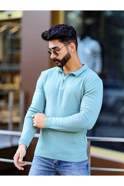 DEFES Men's Slim Fit Winter Knitwear Sweater - Half Zip, Relaxed Sportswear