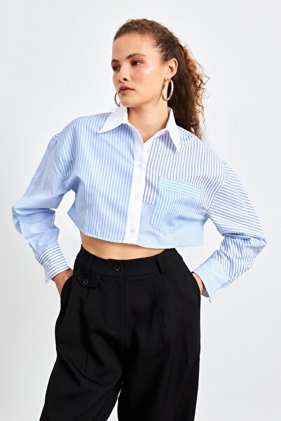 YOUR NAME Cămașă de damă Crop Blue cu dungi în contrast