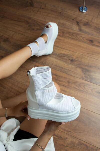 Modanizm Rosen White Wedge Heeled Mesh Sports Boots