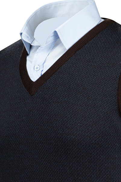 Çizgi Triko Чоловічий светр з V-подібним вирізом та смужками - кольоровий візерунок, зимовий трикотаж, класичний крій - 5014H