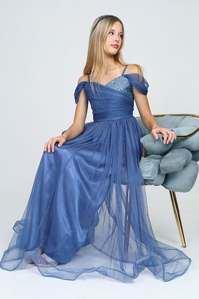 Pantulux Children's Glitter Patterned Indigo Blue Long Evening Dress Special, Daily Wear