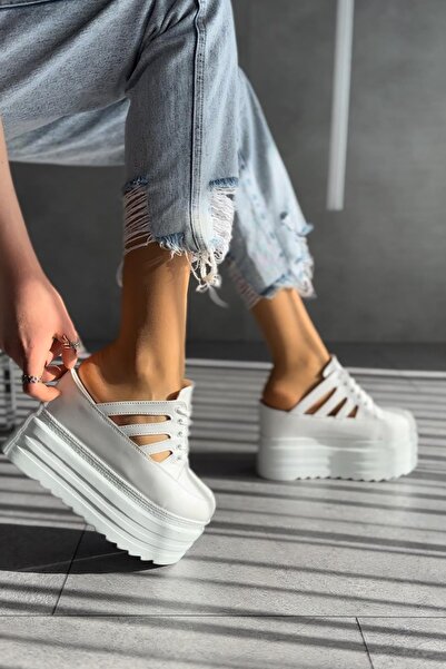 Modanizm White Wedge Heeled Ovi Slippers