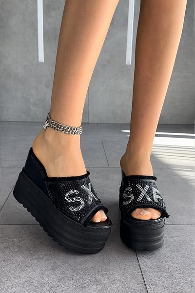 Modanizm Sxf Black Wedge Heeled Slippers