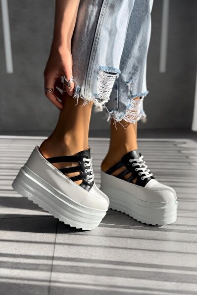 Modanizm Ovi White Black - Wedge Heel Slippers