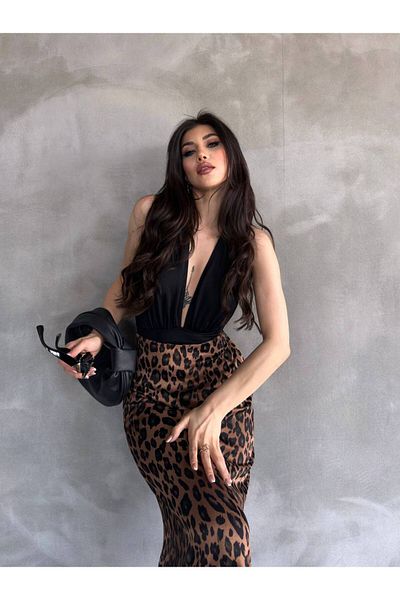 alenmoda Λεοπάρ μακριά σατέν φούστα