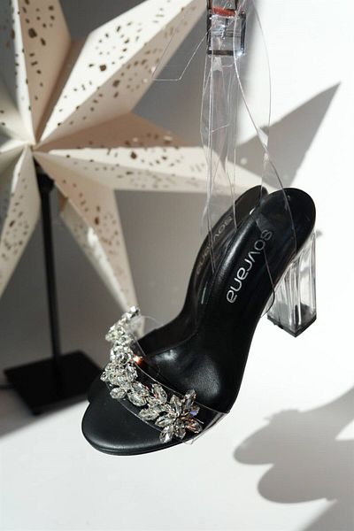sovrana Single Band Stoned Thick Heeled Shoes Black