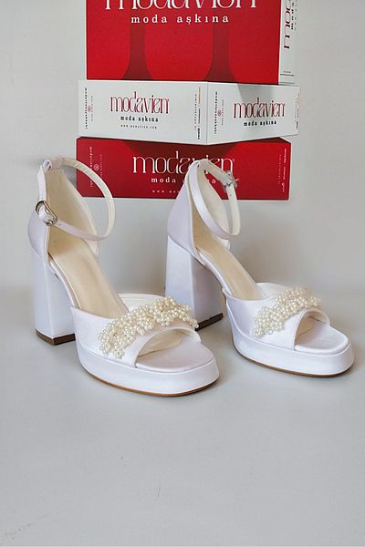 Modavien Women's White 10 cm Bridal Shoes with Pearls
