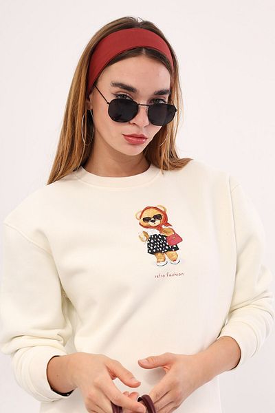 The Champ Clothing Бял унисекс суитшърт с щампа на полярна мечка от вътрешната страна на яка тип „бисквита“