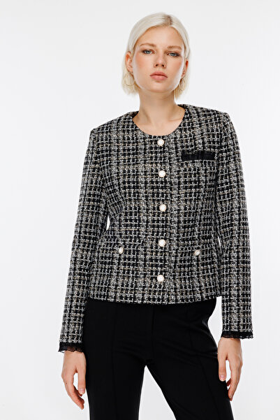 Ekol Kadın Kol ve Cep Kısmı Tül Detaylı Ceket 1121 Siyah